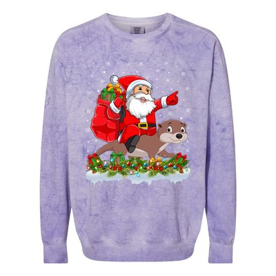 Lighting Xmas Funny Santa Claus Riding Otter Christmas Funny Gift Colorblast Crewneck Sweatshirt