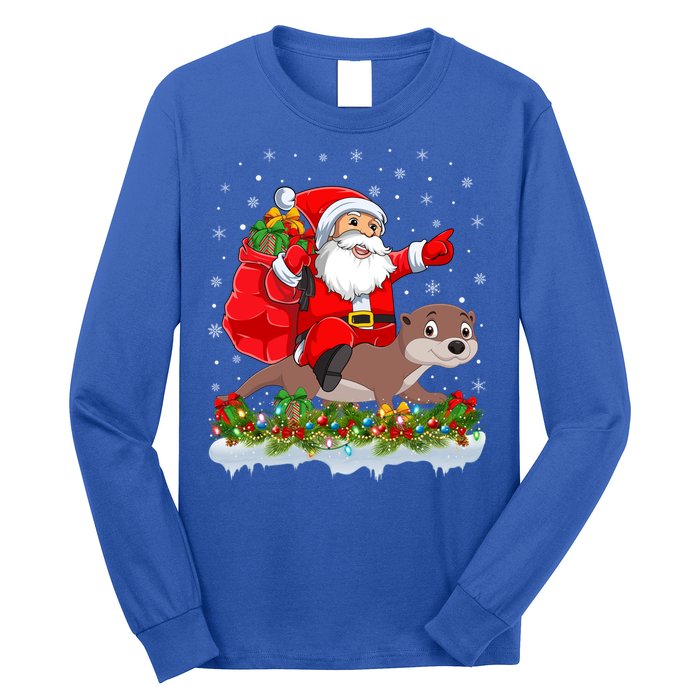 Lighting Xmas Funny Santa Claus Riding Otter Christmas Funny Gift Long Sleeve Shirt