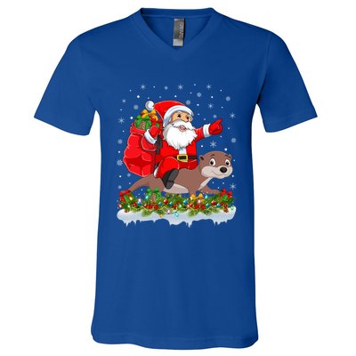 Lighting Xmas Funny Santa Claus Riding Otter Christmas Funny Gift V-Neck T-Shirt