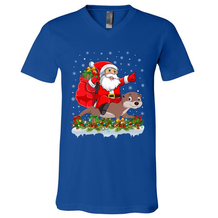 Lighting Xmas Funny Santa Claus Riding Otter Christmas Funny Gift V-Neck T-Shirt