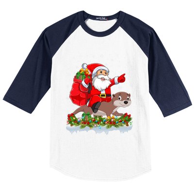 Lighting Xmas Funny Santa Claus Riding Otter Christmas Funny Gift Baseball Sleeve Shirt