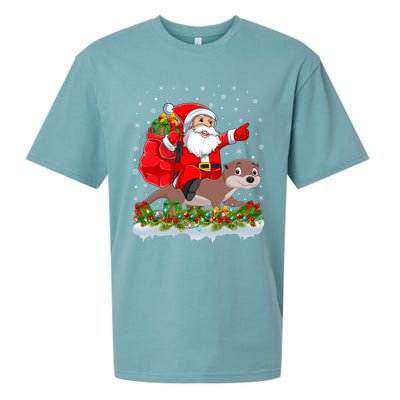 Lighting Xmas Funny Santa Claus Riding Otter Christmas Funny Gift Sueded Cloud Jersey T-Shirt