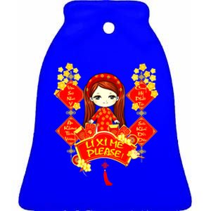 Li Xi Me Please Vietnamese Red Cute Ao Dai Girl Flowers Meaningful Gift Ceramic Bell Ornament