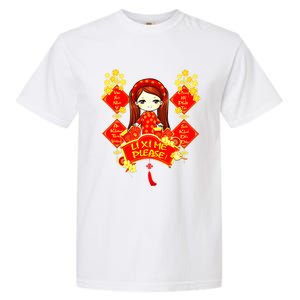 Li Xi Me Please Vietnamese Red Cute Ao Dai Girl Flowers Meaningful Gift Garment-Dyed Heavyweight T-Shirt