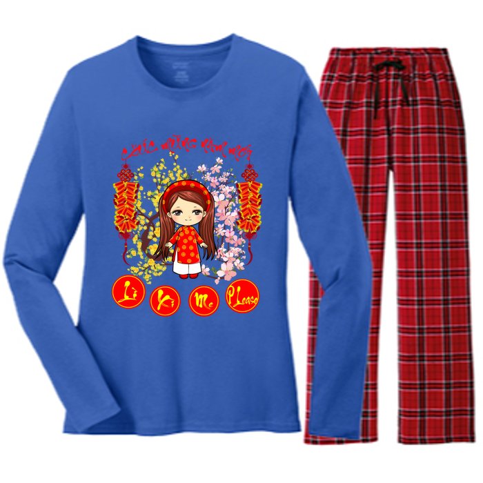 Li Xi Me Please Vietnamese Red Cute Ao Dai Girl Flowers Cool Gift Women's Long Sleeve Flannel Pajama Set 