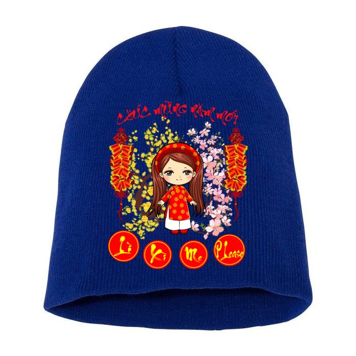 Li Xi Me Please Vietnamese Red Cute Ao Dai Girl Flowers Cool Gift Short Acrylic Beanie