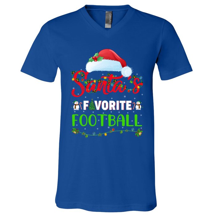 Lighting Xmas SantaS Favorite Football Christmas Gift V-Neck T-Shirt