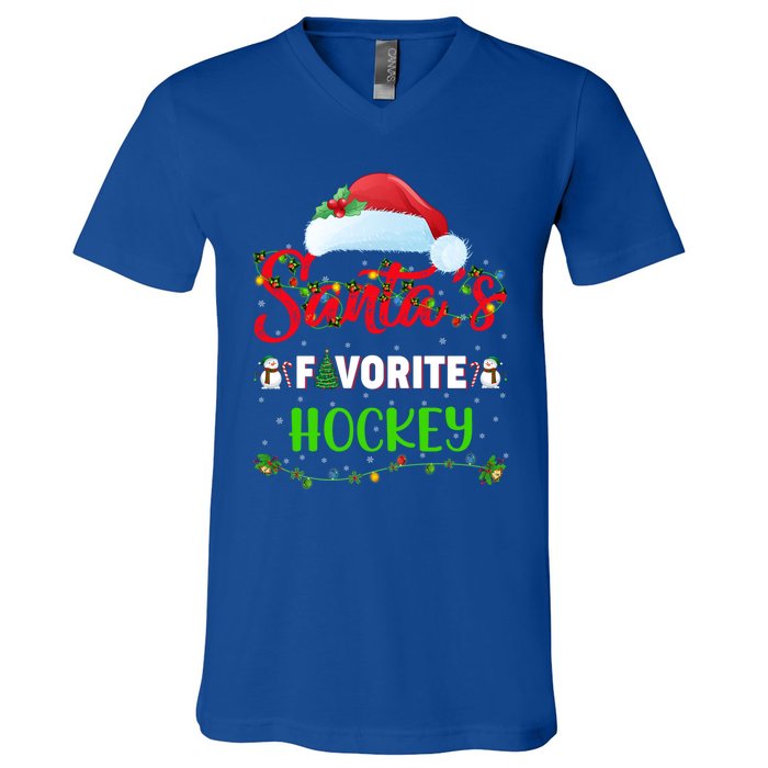 Lighting Xmas SantaS Favorite Hockey Christmas Meaningful Gift V-Neck T-Shirt