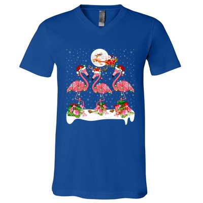 Lighting Xmas Tree Santa Pink Flamingo Christmas Cute Gift V-Neck T-Shirt