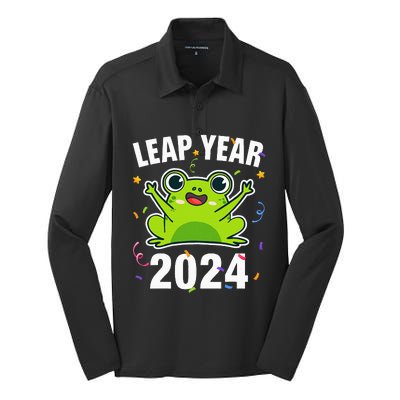 Leap Year 2024 Cute Frog Leap Day Birthday Silk Touch Performance Long Sleeve Polo