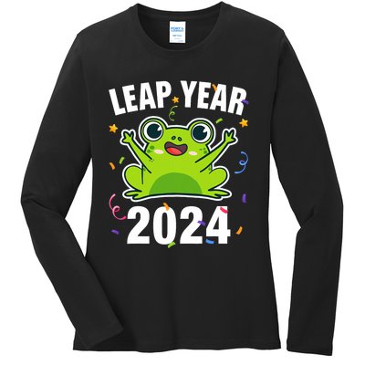 Leap Year 2024 Cute Frog Leap Day Birthday Ladies Long Sleeve Shirt