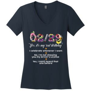 Leap Year Birthday Floral Funny Women's V-Neck T-Shirt