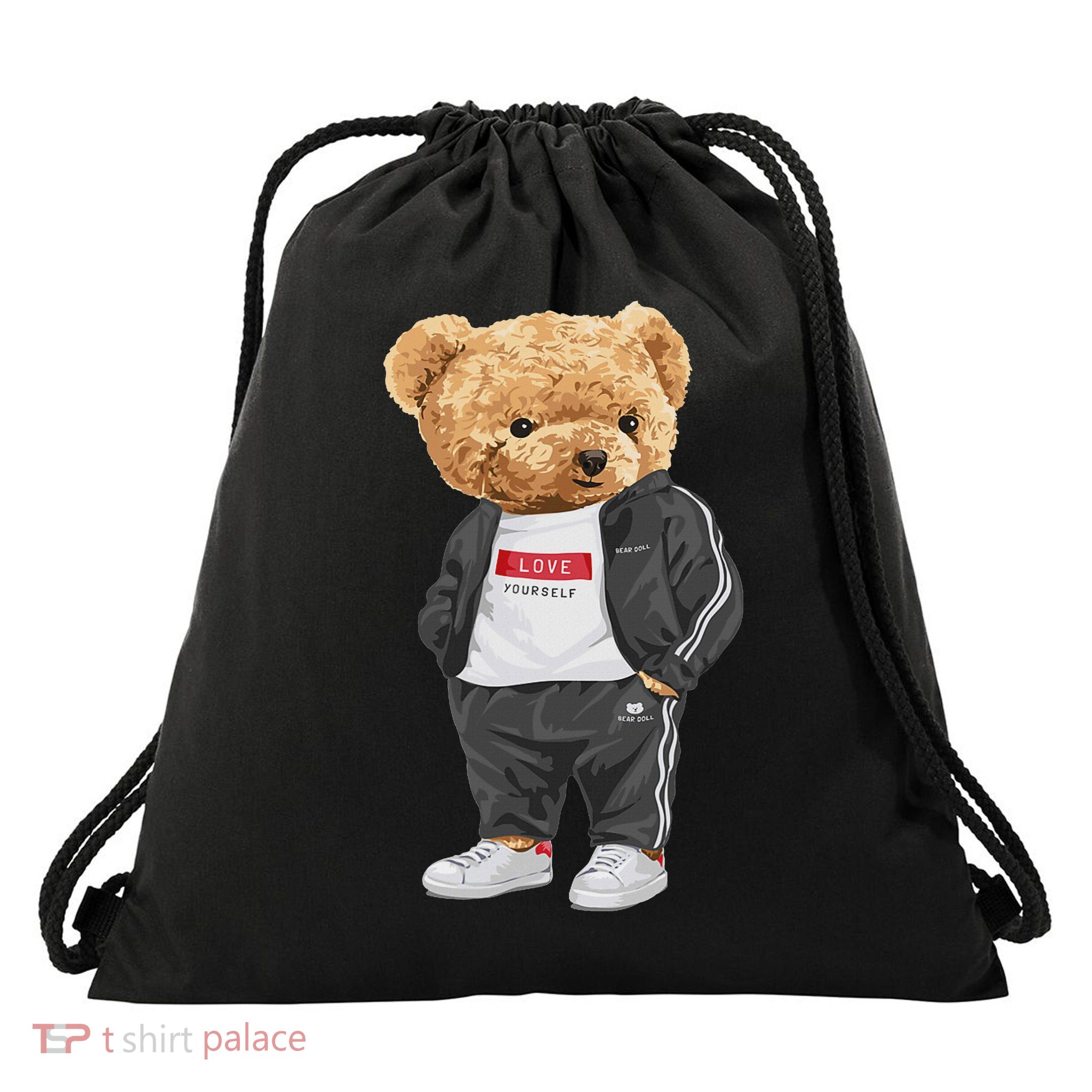 Love Yourself, Enjoy Wear Cool Illustration Teddy Bear Style Drawstring Bag