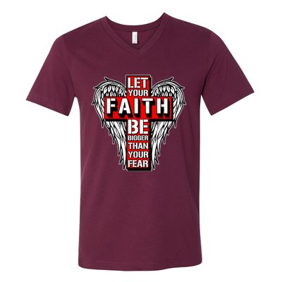 Let Your Faith Be Bigger Than Your Fear Winged Cross V-Neck T-Shirt