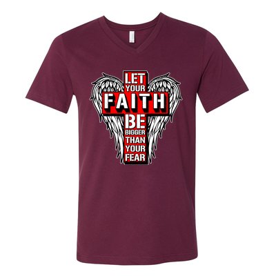 Let Your Faith Be Bigger Than Your Fear Winged Cross V-Neck T-Shirt