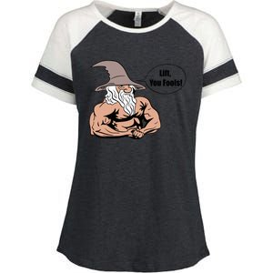 Lift You Fools Wizard Weightlifting Bodybuilding Gym Fitness Enza Ladies Jersey Colorblock Tee