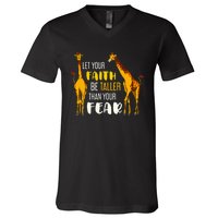 Let Your Faith Be Taller Than Your Fear Zoo Animal Giraffe V-Neck T-Shirt