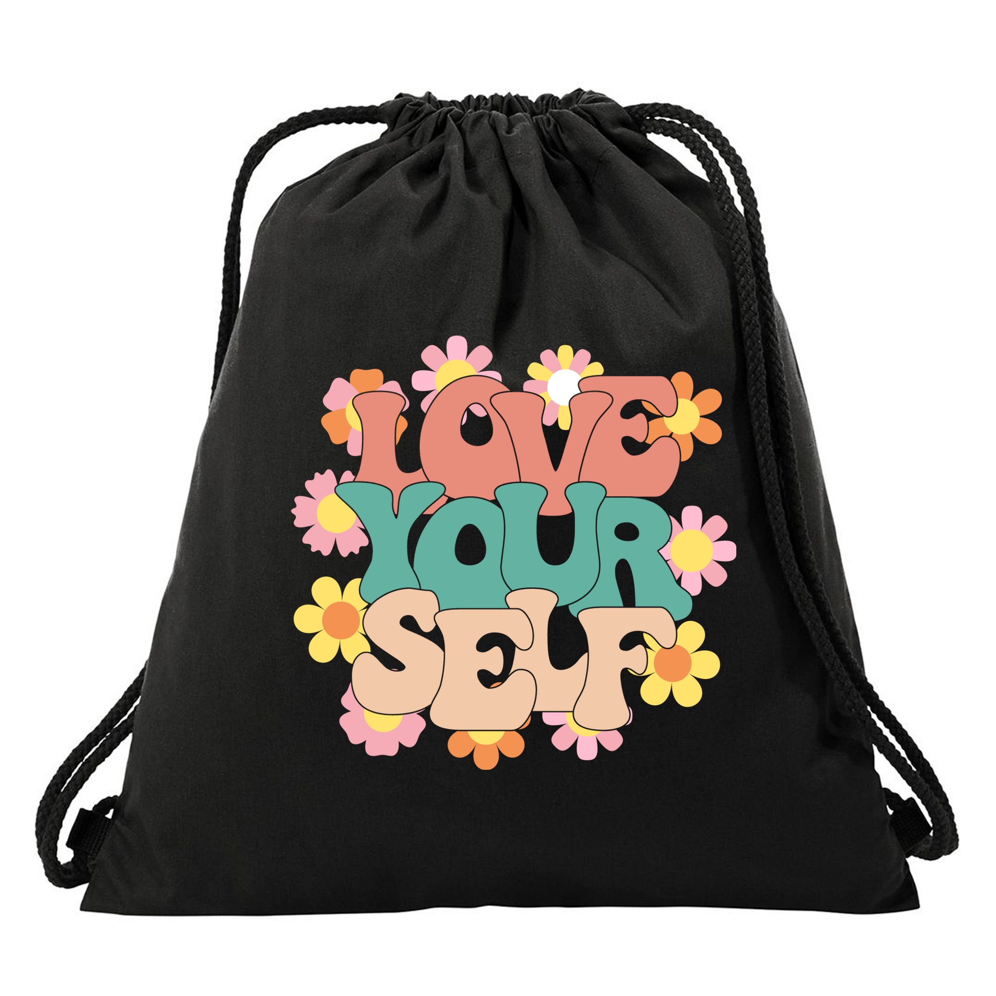 Love Yourself Floral Positive Quote Drawstring Bag
