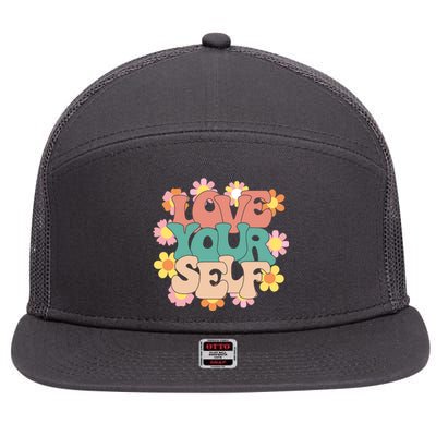 Love Yourself Floral Positive Quote 7 Panel Mesh Trucker Snapback Hat