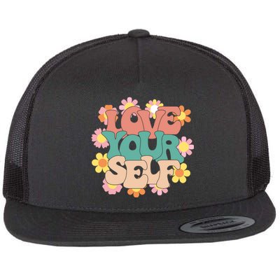 Love Yourself Floral Positive Quote Flat Bill Trucker Hat