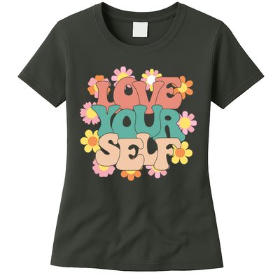 Love Yourself Floral Positive Quote Womens T-Shirt