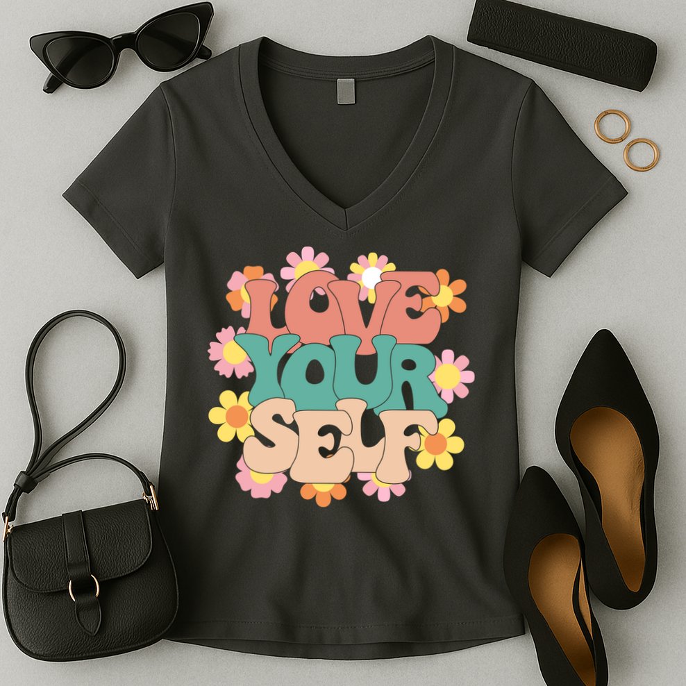 Love Yourself Floral Positive Quote Women's V-Neck T-Shirt