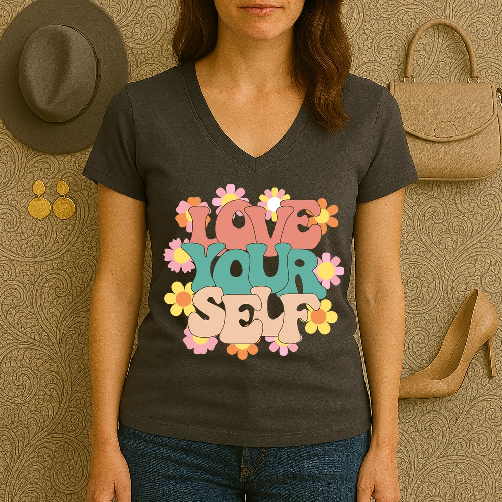 Love Yourself Floral Positive Quote Women's V-Neck T-Shirt