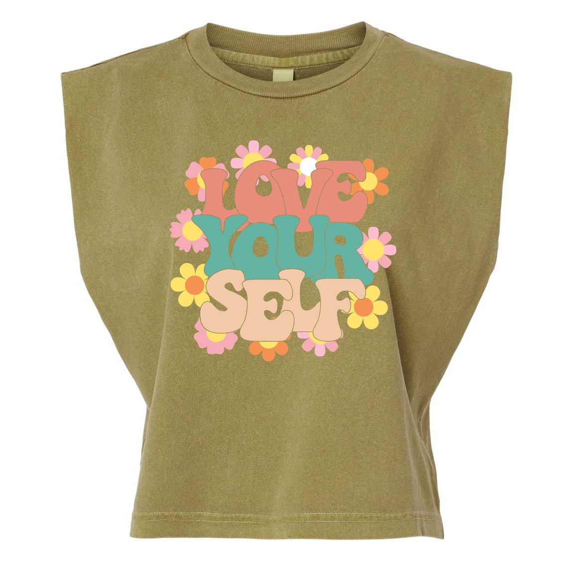 Love Yourself Floral Positive Quote Garment-Dyed Women's Muscle Tee