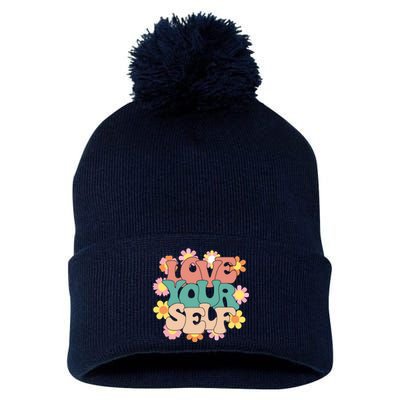 Love Yourself Floral Positive Quote Pom Pom 12in Knit Beanie