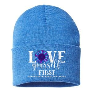 Love Yourself First Suicide Prevention Awareness Graphic Funny Gift Sustainable Knit Beanie