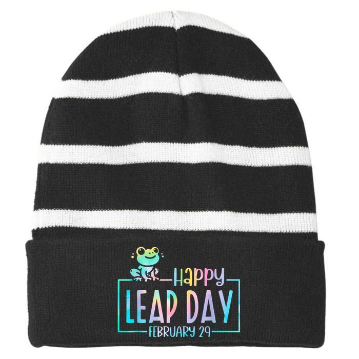 Leap Year February 29 Birthday Cute Frog Happy Leap Day Striped Beanie with Solid Band