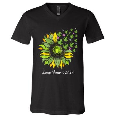 Leap Year Flying Frogs Sunflower Feb 29 2024 V-Neck T-Shirt