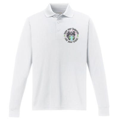 Leave Your Footprints Not Your Trash Earth Day Performance Long Sleeve Polo