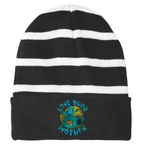 Love Your Mother Earth Day Environmental Awareness Themed Striped Beanie with Solid Band