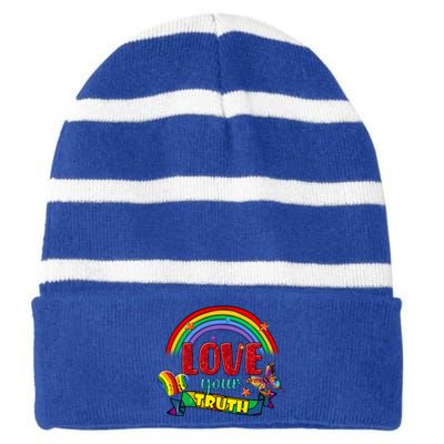 Love Your Truth Rainbow Lgbt Lesbian Pride Gift Striped Beanie with Solid Band