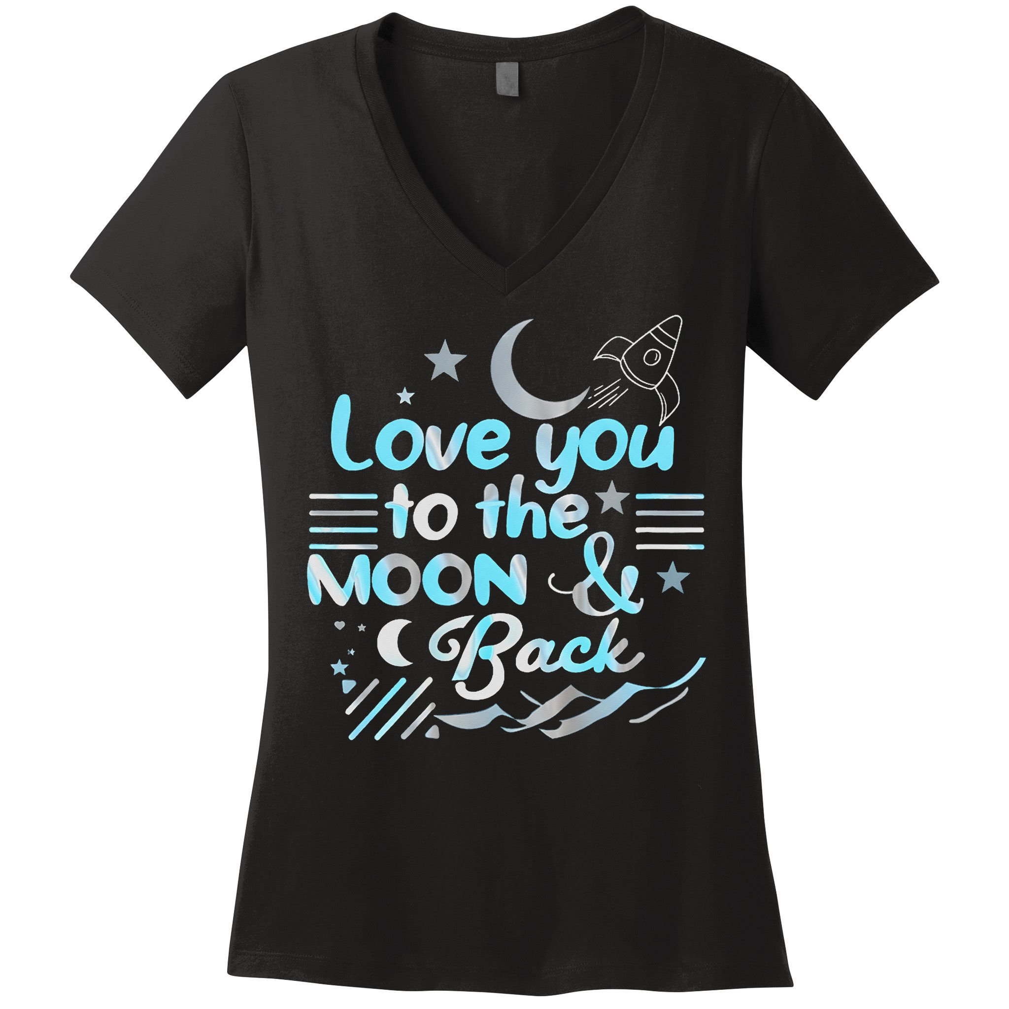Love You To The Moon  Back Space Rocket Stars Design Gift Women's V-Neck T-Shirt