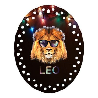 Leo Zodiac Lion With Cool Sunglasses Birthday Ceramic Oval Ornament