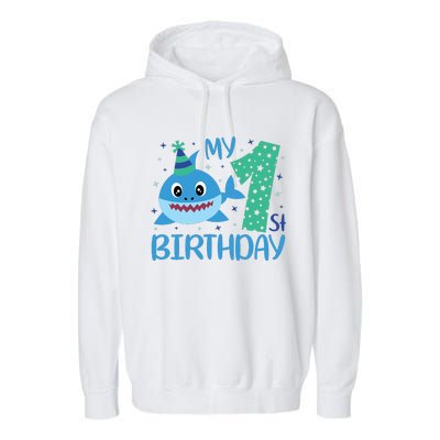 My 1st Birthday Sharks Gift For Birthday Garment-Dyed Fleece Hoodie