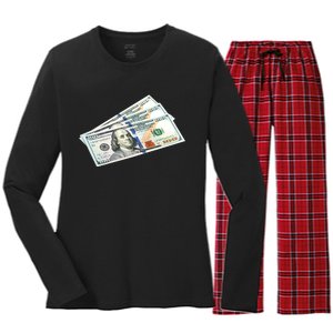 Money $100 Dollar Bills Bill Baller Big Ben Franklin Women's Long Sleeve Flannel Pajama Set 