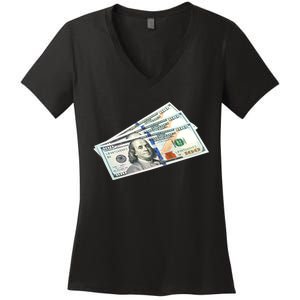 Money $100 Dollar Bills Bill Baller Big Ben Franklin Women's V-Neck T-Shirt