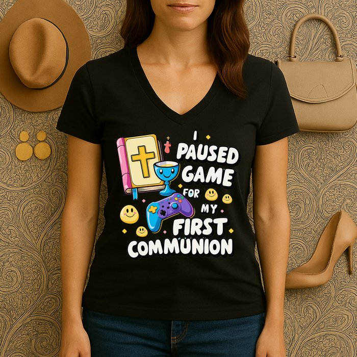My 1st First Communion Video Game Controller Women's V-Neck T-Shirt