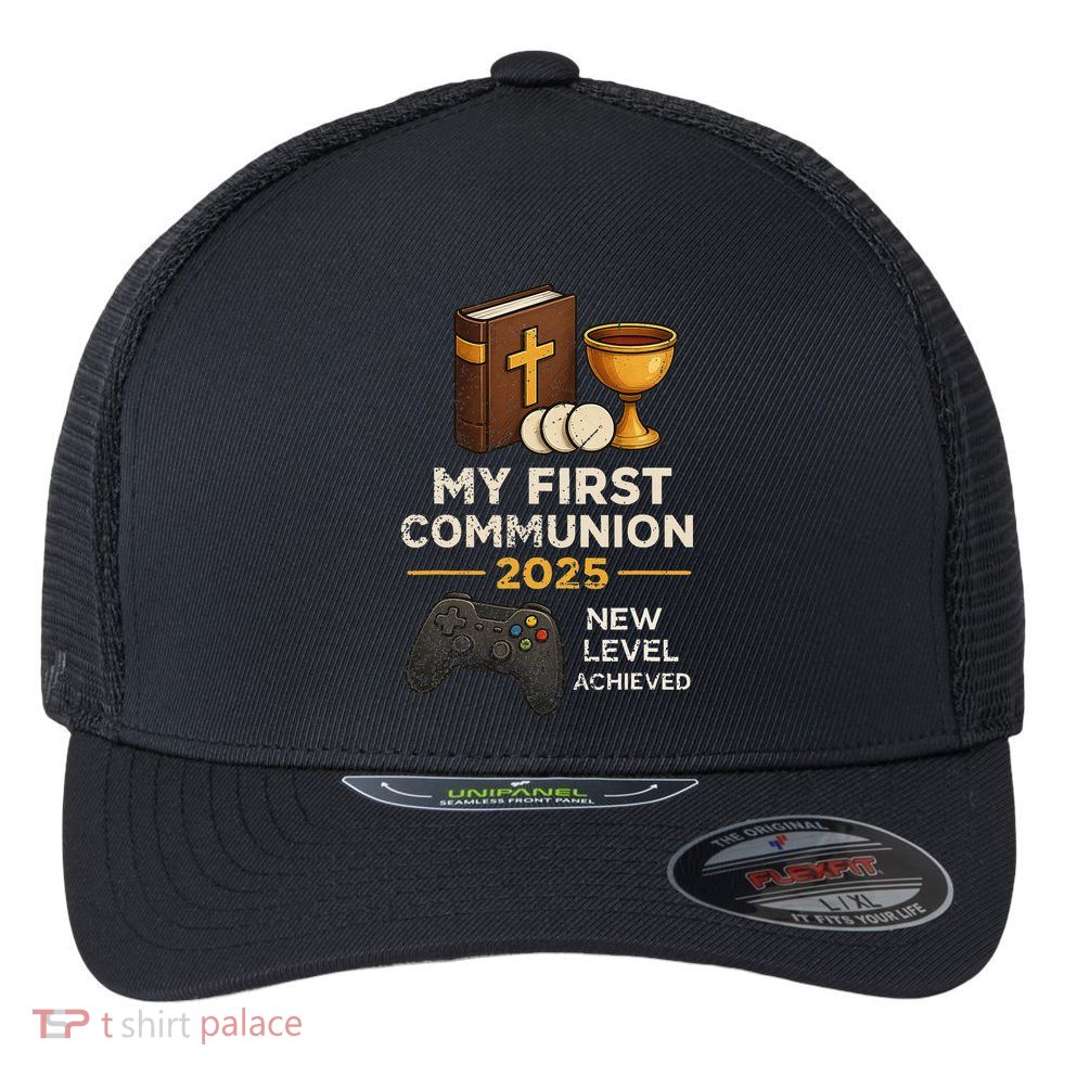 My 1st First Communion 2025 Video Game Catholic Flexfit Unipanel Trucker Cap