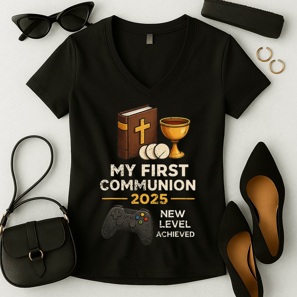 My 1st First Communion 2025 Video Game Catholic Women's V-Neck T-Shirt