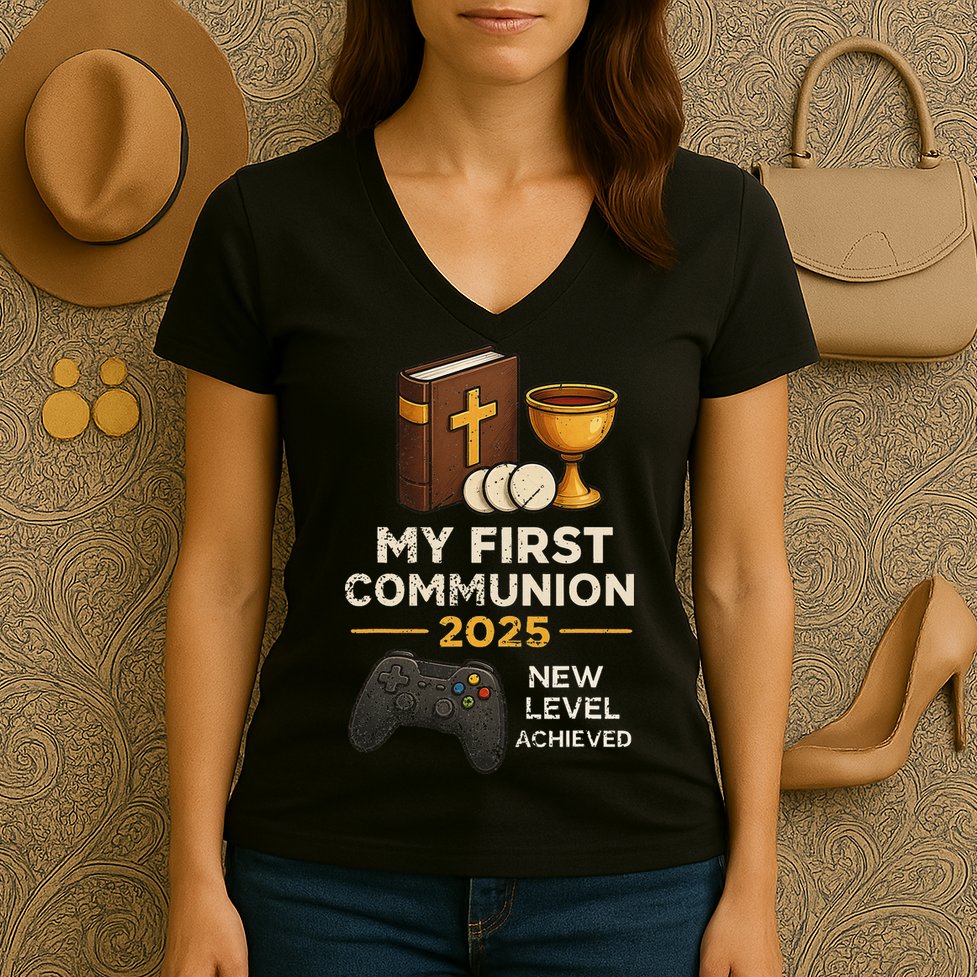 My 1st First Communion 2025 Video Game Catholic Women's V-Neck T-Shirt