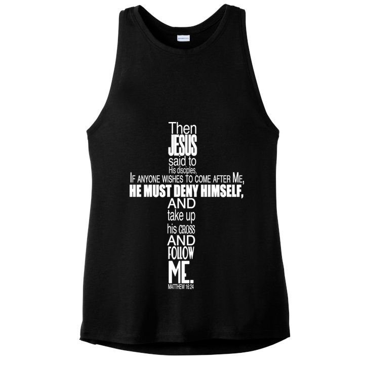 Matthew 16:24 Jesus Said Follow Me Cross Ladies PosiCharge Tri-Blend Wicking Tank