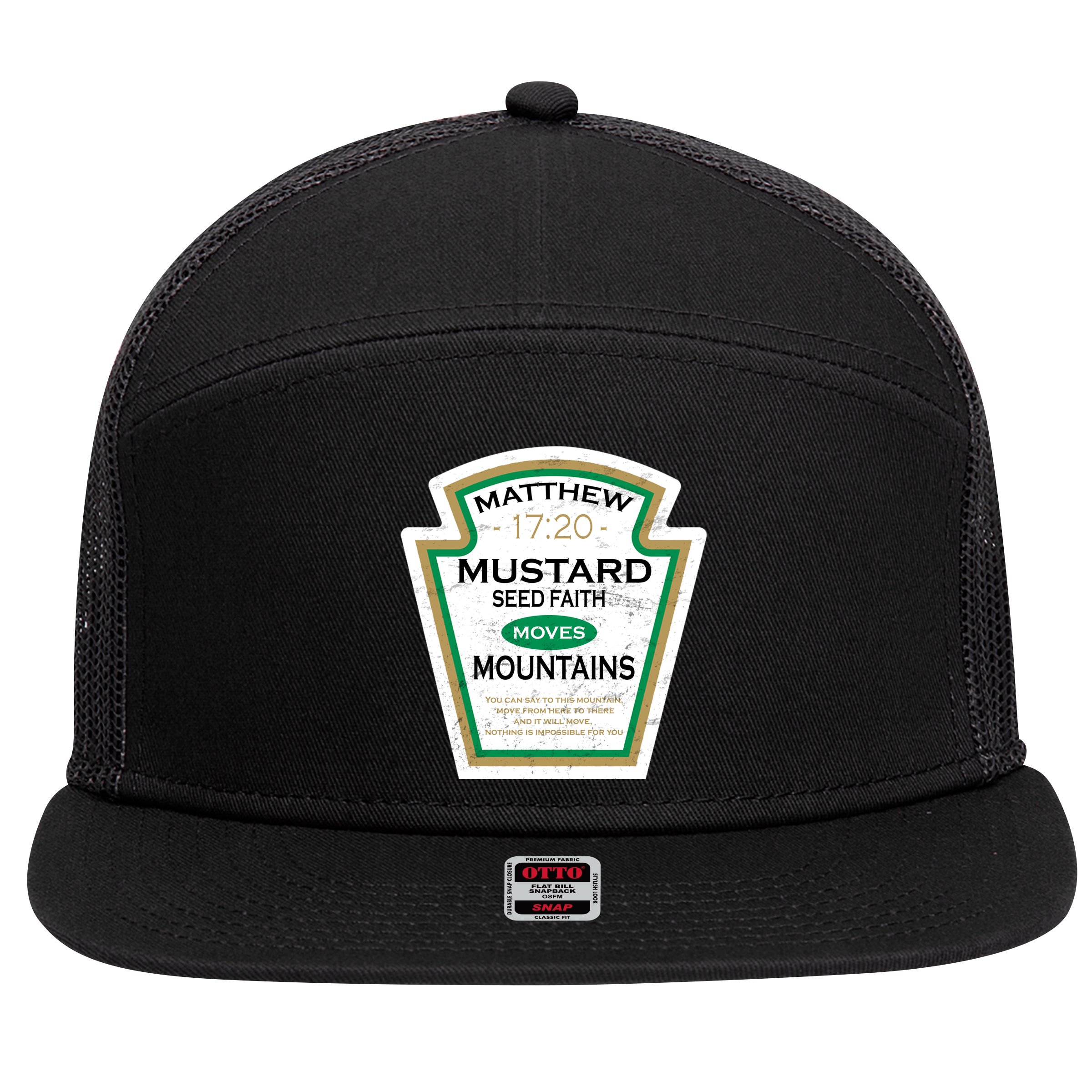 Matthew 17:20 Mustard Label 7 Panel Mesh Trucker Snapback Hat