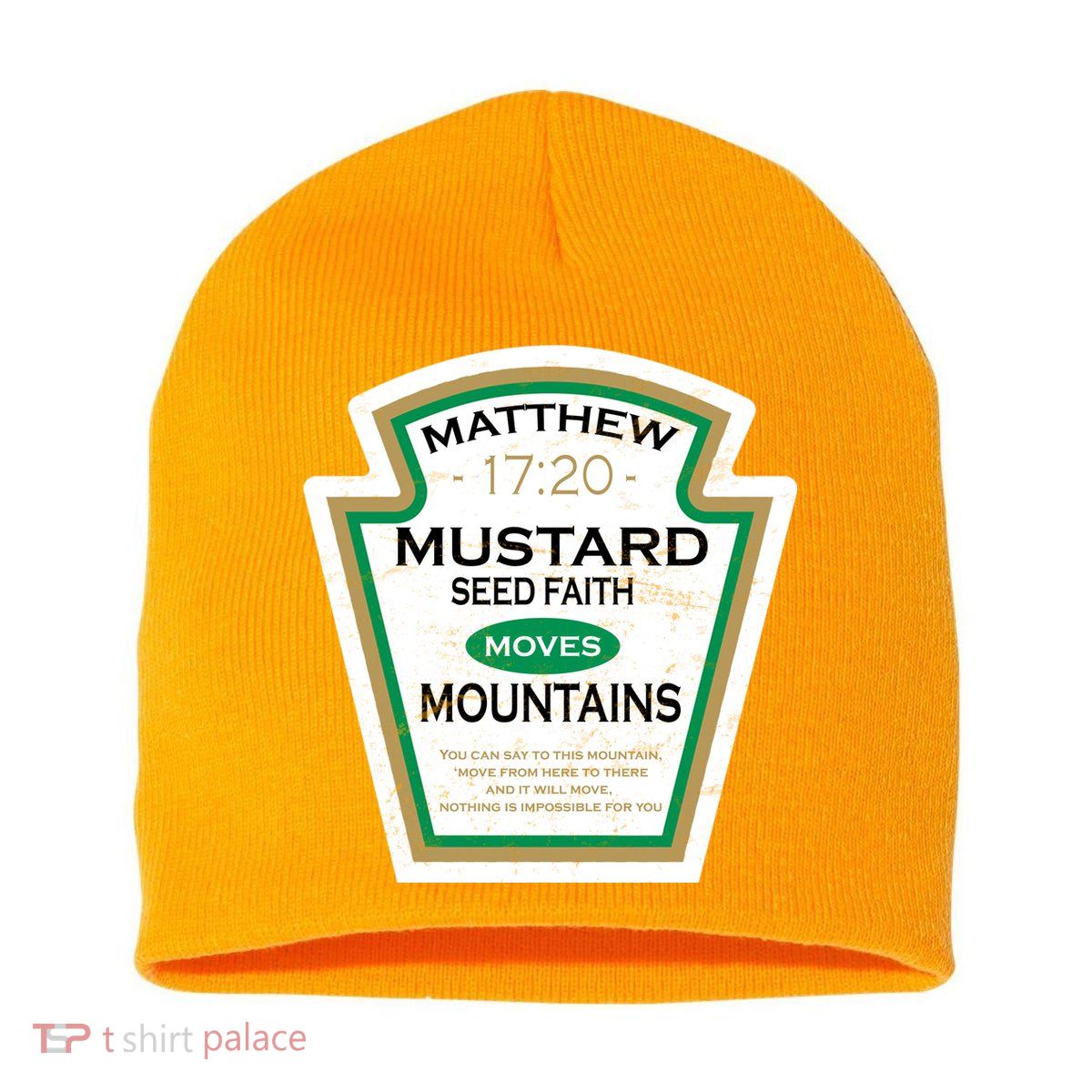 Matthew 17:20 Mustard Label Short Acrylic Beanie
