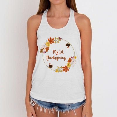 My 1st Thanksgiving. Thanksgiving Onepiece. Baby Thanksgiving. Turkey Day. Thank Women's Knotted Racerback Tank