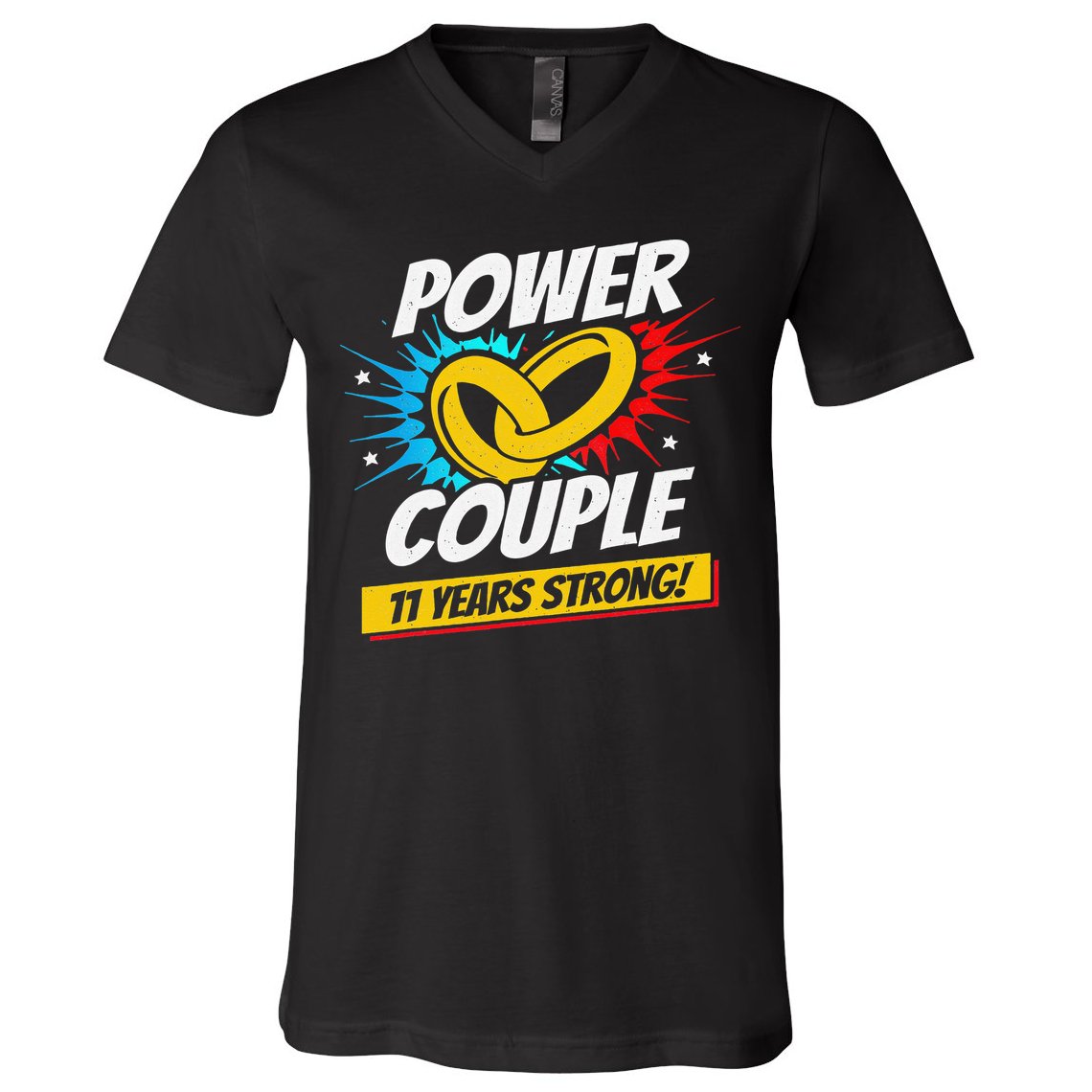 Married 11 Years Power Couple 11th Wedding Anniversary V-Neck T-Shirt