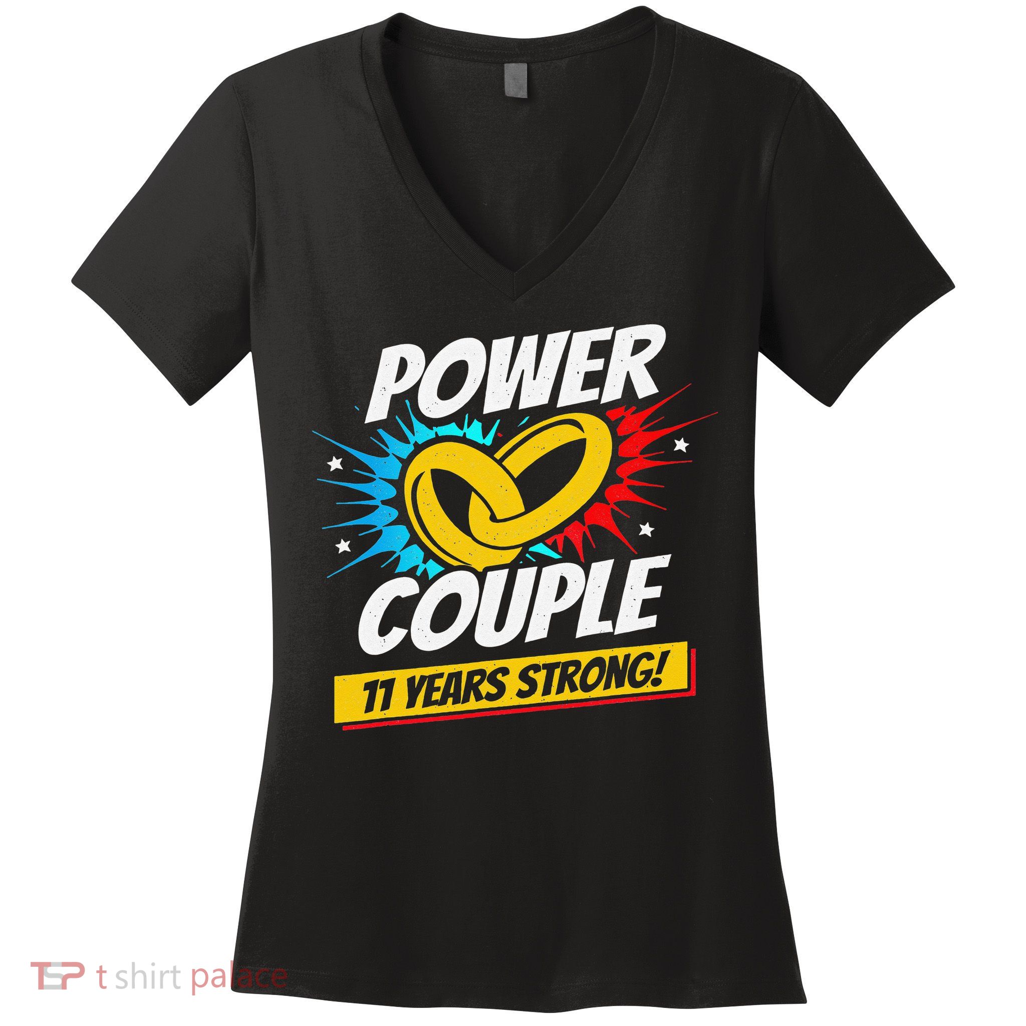 Married 11 Years Power Couple 11th Wedding Anniversary Women's V-Neck T-Shirt
